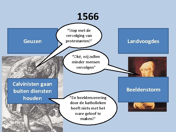 1566 Geuzen “Stop met de vervolging van protestanten!” Landvoogdes “Oké, wij zullen minder mensen