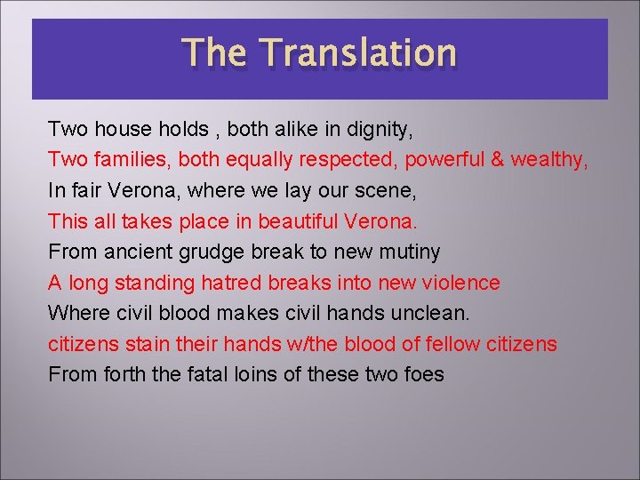 The Translation Two house holds , both alike in dignity, Two families, both equally