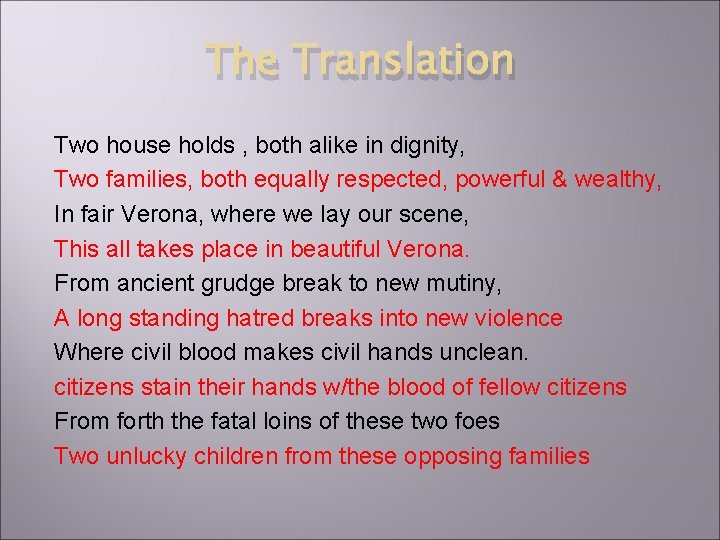 The Translation Two house holds , both alike in dignity, Two families, both equally