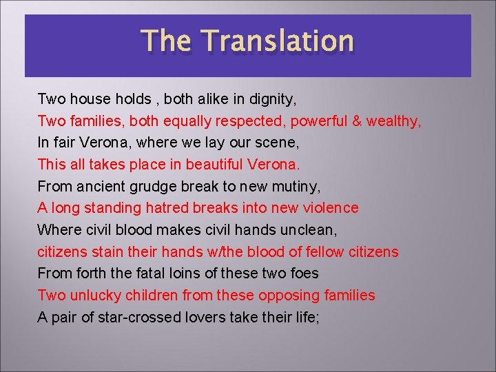 The Translation Two house holds , both alike in dignity, Two families, both equally