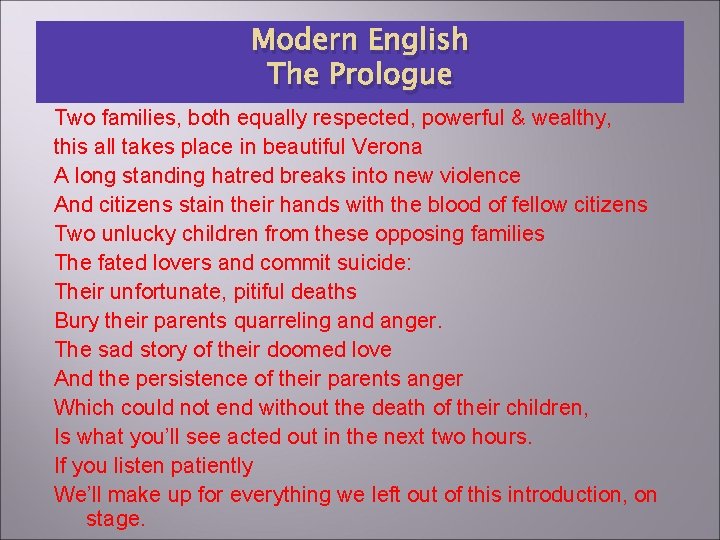 Modern English The Prologue Two families, both equally respected, powerful & wealthy, this all