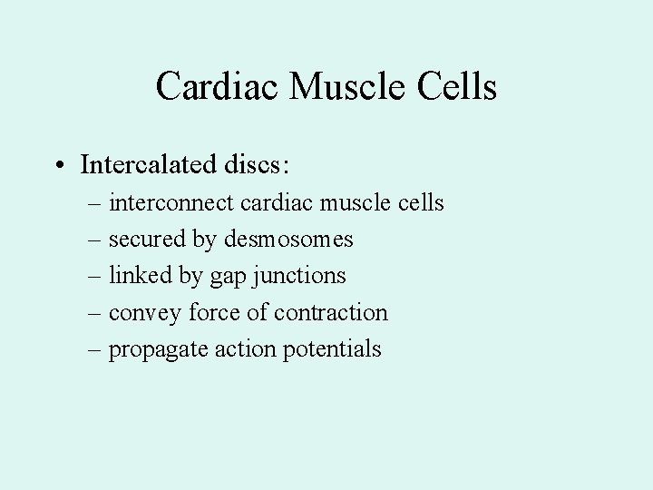 Cardiac Muscle Cells • Intercalated discs: – interconnect cardiac muscle cells – secured by Cardiac Muscle Cells • Intercalated discs: – interconnect cardiac muscle cells – secured by