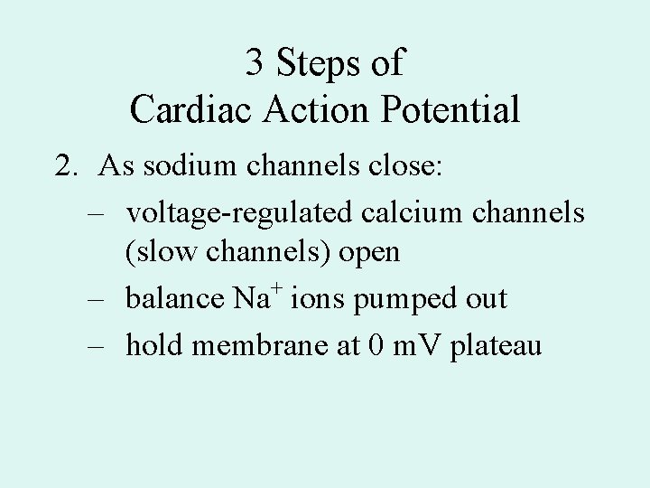 3 Steps of Cardiac Action Potential 2. As sodium channels close: – voltage-regulated calcium 3 Steps of Cardiac Action Potential 2. As sodium channels close: – voltage-regulated calcium