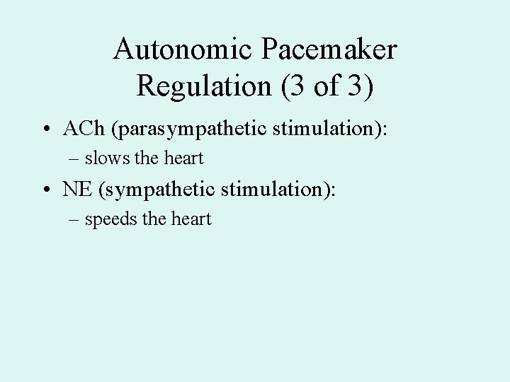 Autonomic Pacemaker Regulation (3 of 3) • ACh (parasympathetic stimulation): – slows the heart Autonomic Pacemaker Regulation (3 of 3) • ACh (parasympathetic stimulation): – slows the heart