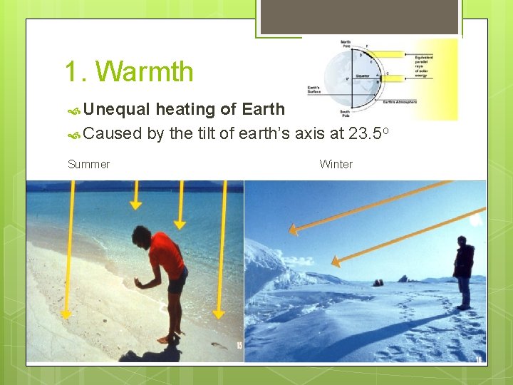 1. Warmth Unequal heating of Earth Caused by the tilt of earth’s axis at