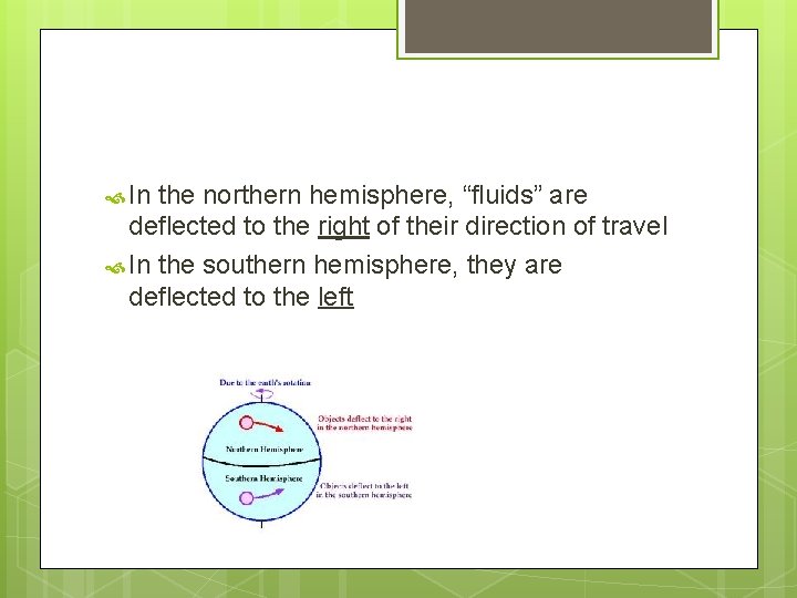  In the northern hemisphere, “fluids” are deflected to the right of their direction