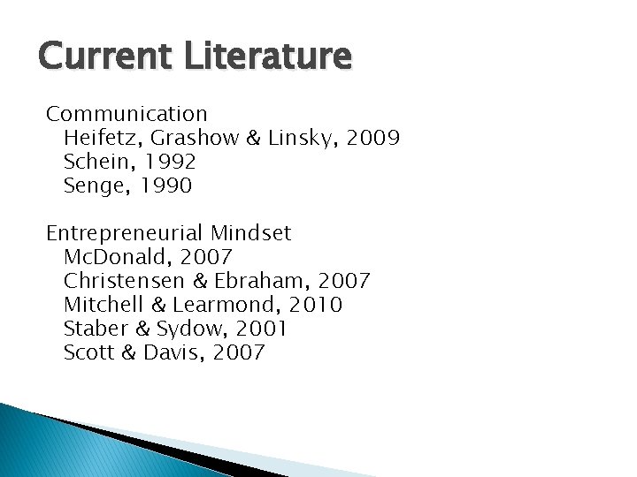 Current Literature Communication Heifetz, Grashow & Linsky, 2009 Schein, 1992 Senge, 1990 Entrepreneurial Mindset