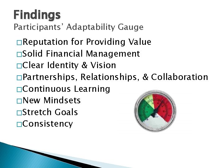 Findings Participants’ Adaptability Gauge � Reputation for Providing Value � Solid Financial Management �