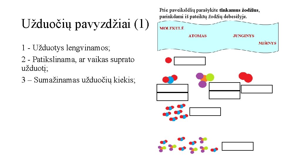 Užduočių pavyzdžiai (1) 1 - Užduotys lengvinamos; 2 - Patikslinama, ar vaikas suprato užduotį;