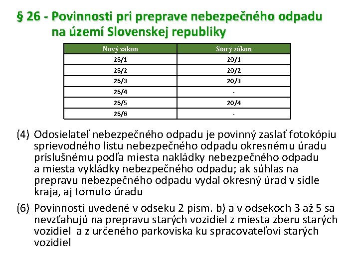 § 26 - Povinnosti preprave nebezpečného odpadu na území Slovenskej republiky Nový zákon Starý