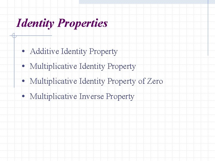 Identity Properties • Additive Identity Property • Multiplicative Identity Property of Zero • Multiplicative