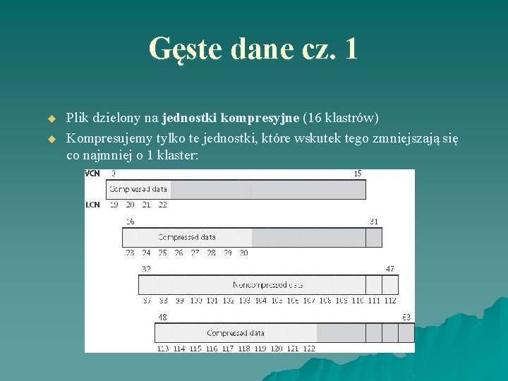 Gęste dane cz. 1 u u Plik dzielony na jednostki kompresyjne (16 klastrów) Kompresujemy