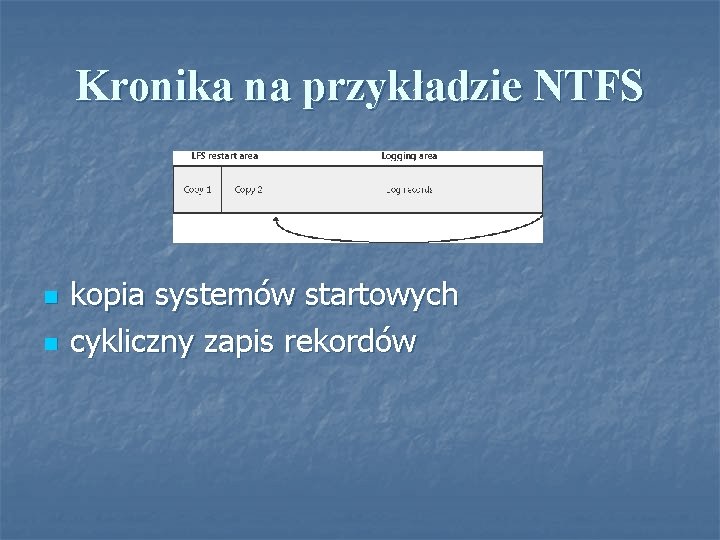 Kronika na przykładzie NTFS n n kopia systemów startowych cykliczny zapis rekordów Kronika na przykładzie NTFS n n kopia systemów startowych cykliczny zapis rekordów