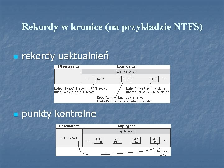 Rekordy w kronice (na przykładzie NTFS) n rekordy uaktualnień n punkty kontrolne 