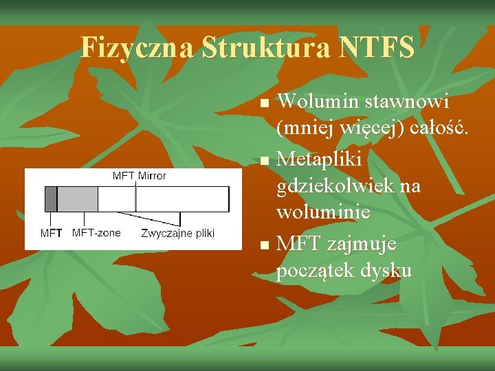 Fizyczna Struktura NTFS n n n Wolumin stawnowi (mniej więcej) całość. Metapliki gdziekolwiek na