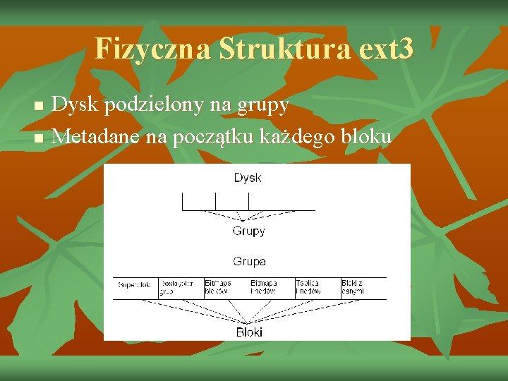 Fizyczna Struktura ext 3 n n Dysk podzielony na grupy Metadane na początku każdego