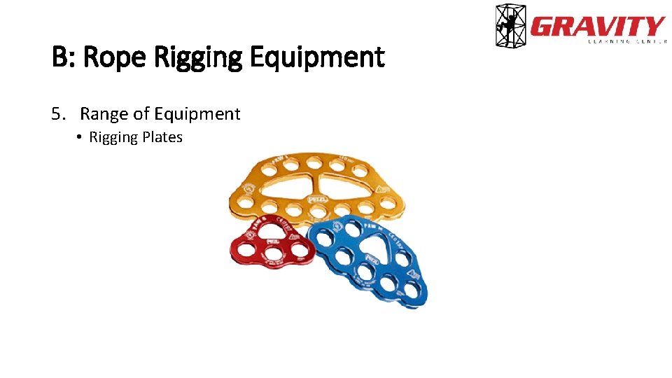 B: Rope Rigging Equipment 5. Range of Equipment • Rigging Plates 