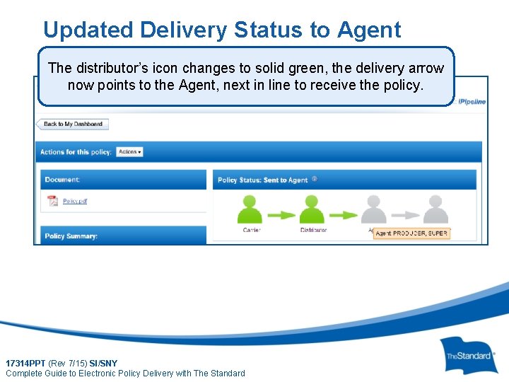 Updated Delivery Status to Agent The distributor’s icon changes to solid green, the delivery