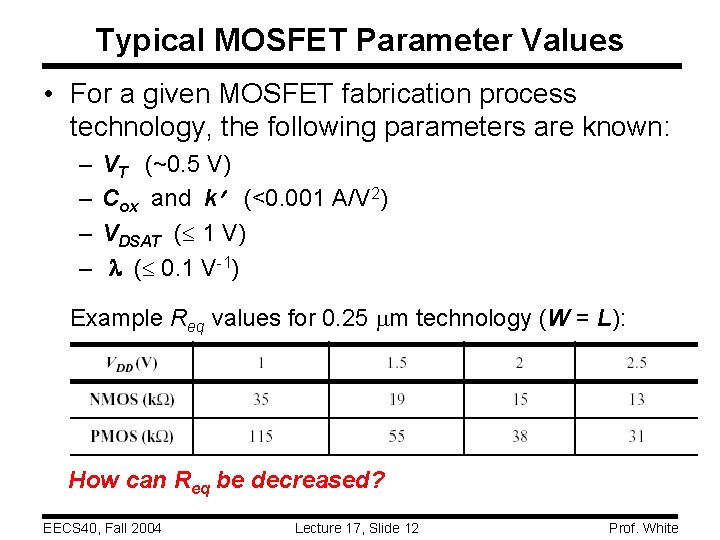 Typical MOSFET Parameter Values • For a given MOSFET fabrication process technology, the following