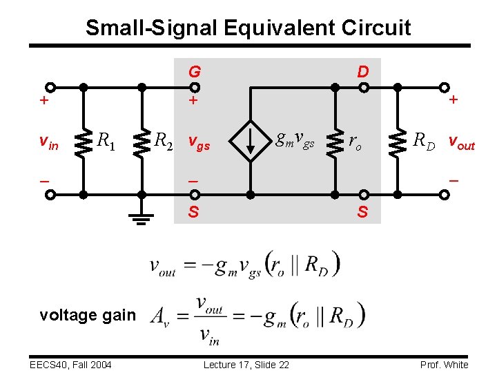 Small-Signal Equivalent Circuit G + vin D + + R 1 R 2 vgs