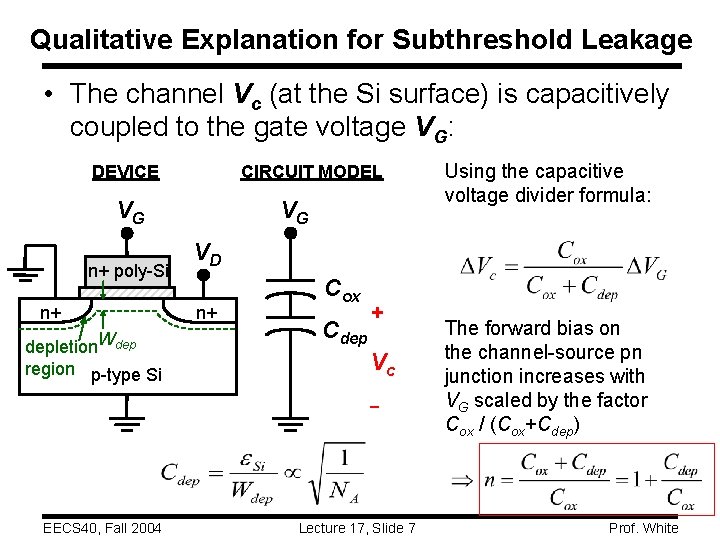 Qualitative Explanation for Subthreshold Leakage • The channel Vc (at the Si surface) is
