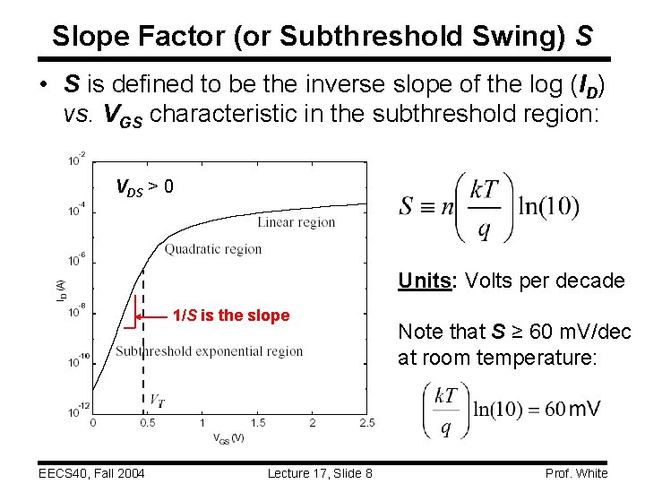 Slope Factor (or Subthreshold Swing) S • S is defined to be the inverse