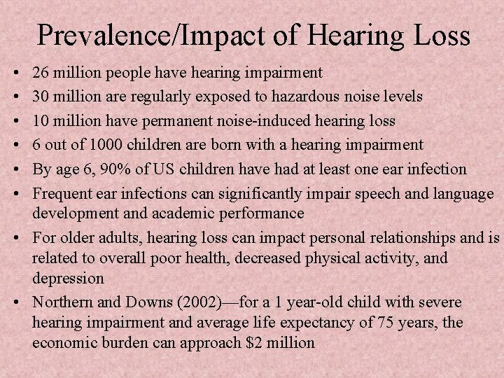 Prevalence/Impact of Hearing Loss • • • 26 million people have hearing impairment 30