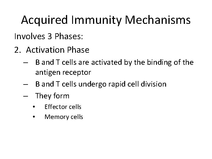 Acquired Immunity Mechanisms Involves 3 Phases: 2. Activation Phase – B and T cells