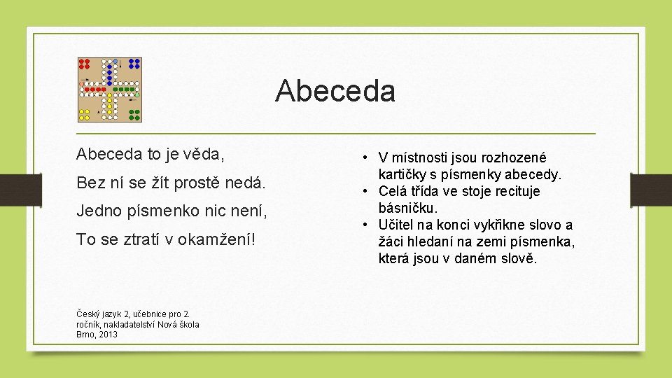 Abeceda to je věda, Bez ní se žít prostě nedá. Jedno písmenko nic není,