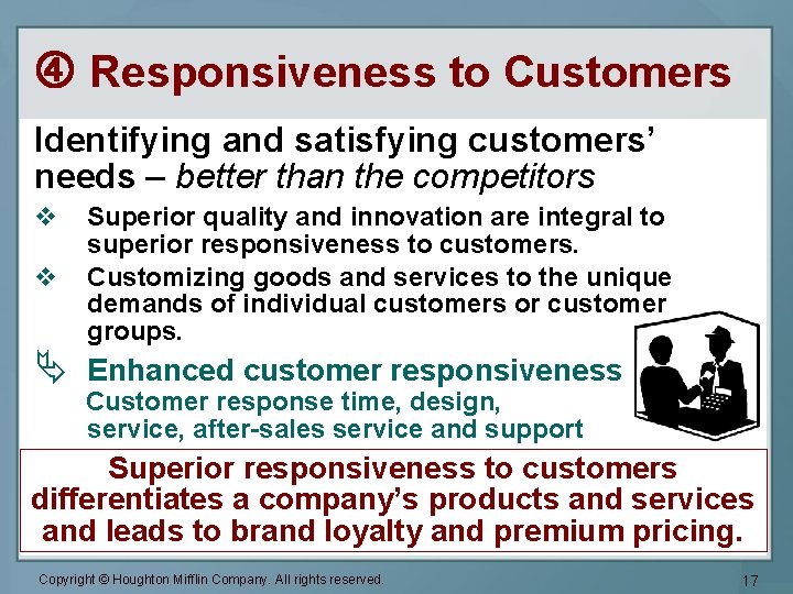  Responsiveness to Customers Identifying and satisfying customers’ needs – better than the competitors