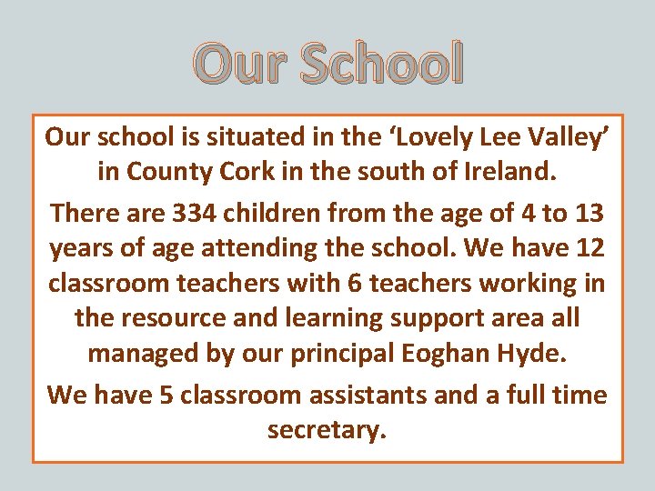 Our School Our school is situated in the ‘Lovely Lee Valley’ in County Cork
