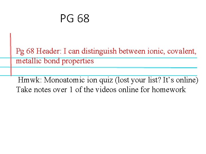 PG 68 Pg 68 Header: I can distinguish between ionic, covalent, metallic bond properties