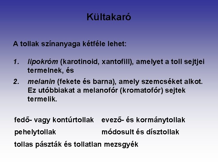 Kültakaró A tollak színanyaga kétféle lehet: 1. lipokróm (karotinoid, xantofill), amelyet a toll sejtjei