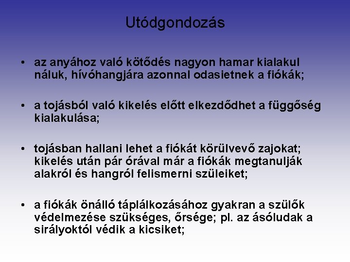 Utódgondozás • az anyához való kötődés nagyon hamar kialakul náluk, hívóhangjára azonnal odasietnek a