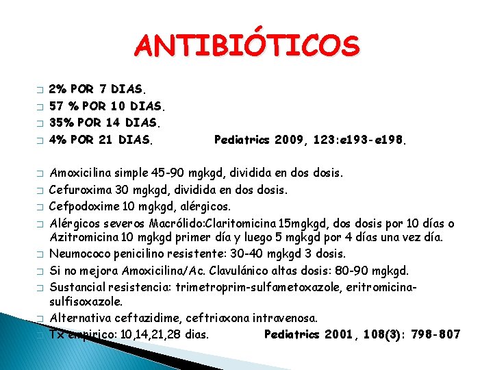 ANTIBIÓTICOS � � � � 2% POR 7 DIAS. 57 % POR 10 DIAS.