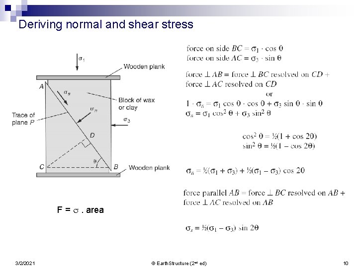 Deriving normal and shear stress F = s. area 3/2/2021 © Earth. Structure (2
