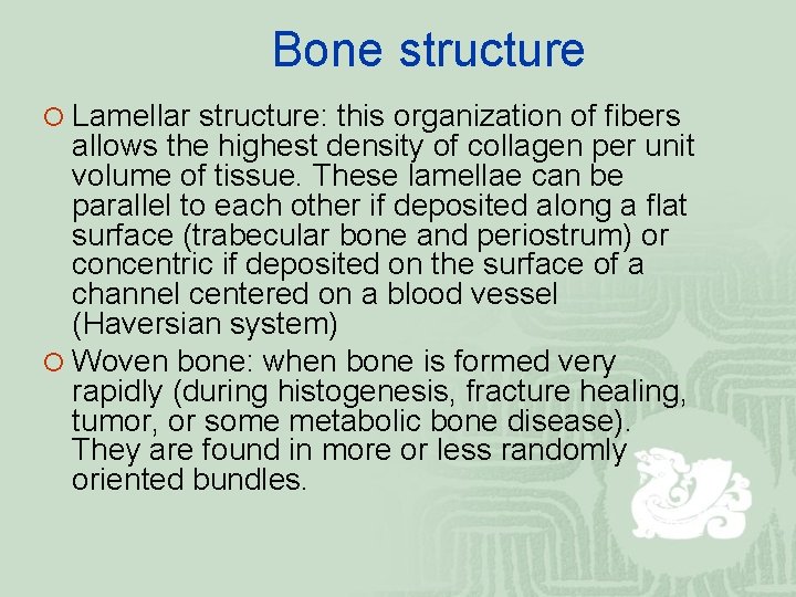 Bone structure ¡ Lamellar structure: this organization of fibers allows the highest density of