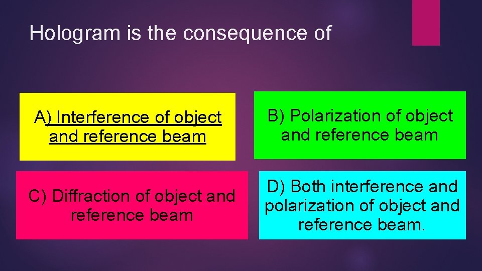 Hologram is the consequence of A) Interference of object and reference beam B) Polarization