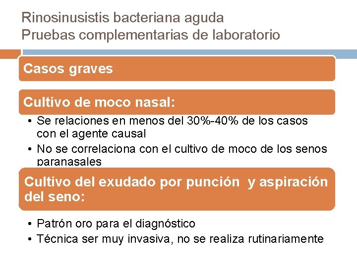 Rinosinusistis bacteriana aguda Pruebas complementarias de laboratorio Casos graves Cultivo de moco nasal: •