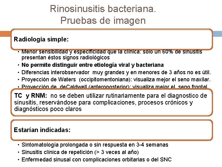 Rinosinusitis bacteriana. Pruebas de imagen Radiología simple: • Menor sensibilidad y especificidad que la