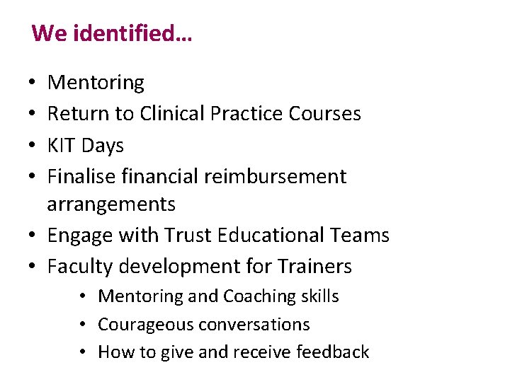 We identified… Mentoring Return to Clinical Practice Courses KIT Days Finalise financial reimbursement arrangements We identified… Mentoring Return to Clinical Practice Courses KIT Days Finalise financial reimbursement arrangements