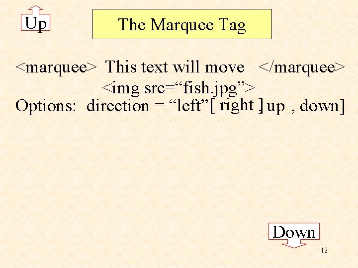 Up The Marquee Tag <marquee> This text will move </marquee> <img src=“fish. jpg”> Options: