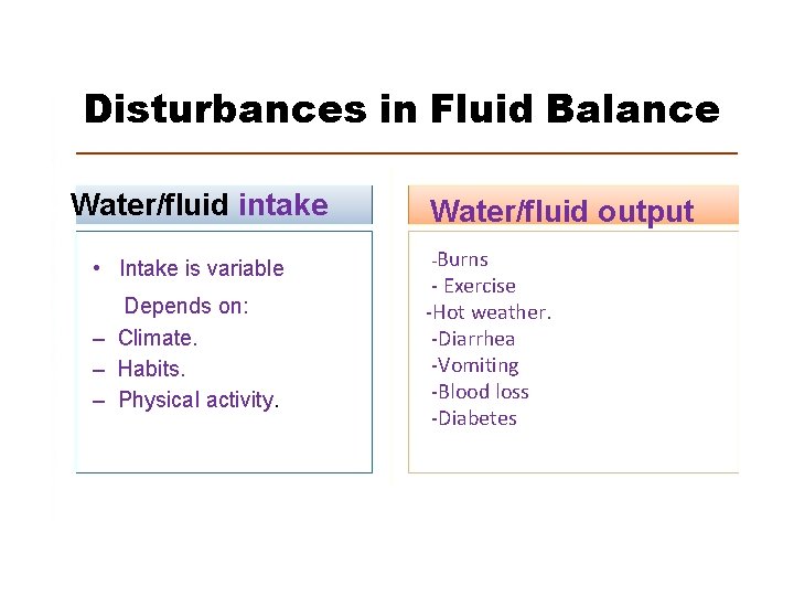 Disturbances in Fluid Balance Water/fluid intake • Intake is variable Depends on: – Climate.