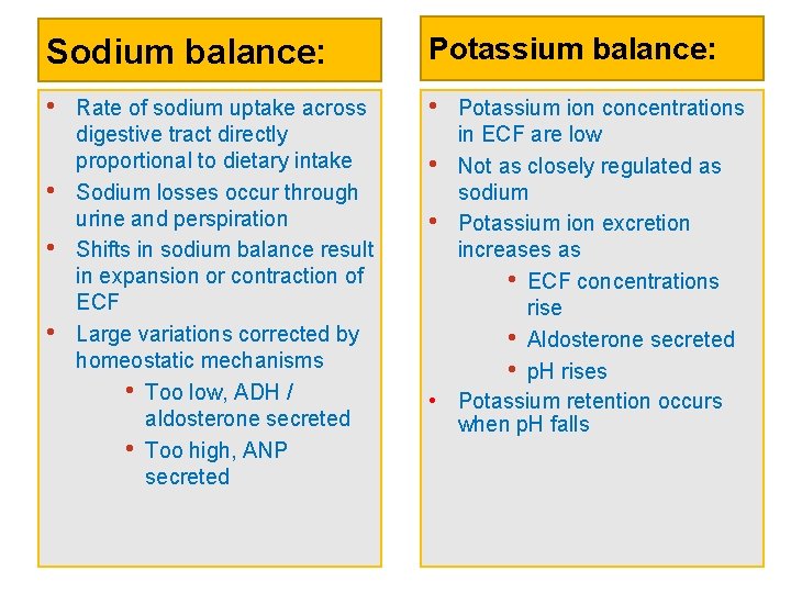 Sodium balance: Potassium balance: • • • Rate of sodium uptake across digestive tract