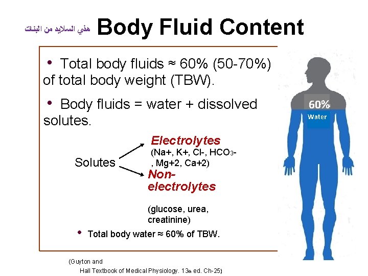  ﻫﺬﻱ ﺍﻟﺴﻼﻳﺪ ﻣﻦ ﺍﻟﺒﻨﺎﺕ Body Fluid Content • Total body fluids ≈ 60%
