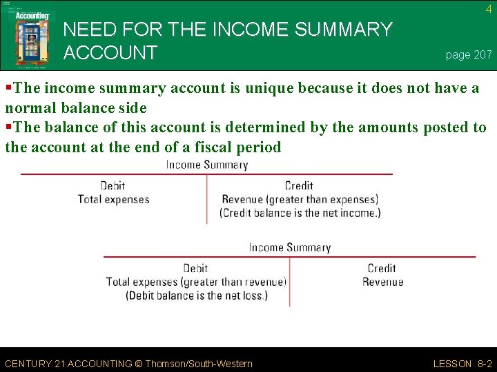 4 NEED FOR THE INCOME SUMMARY ACCOUNT page 207 §The income summary account is