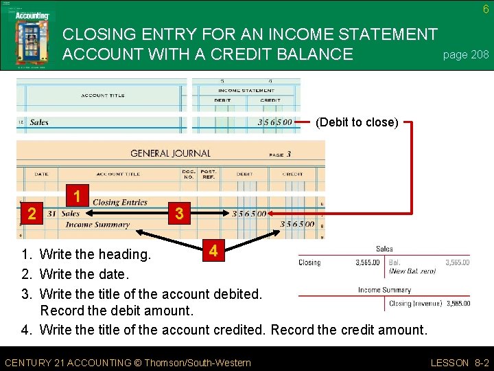 6 CLOSING ENTRY FOR AN INCOME STATEMENT page 208 ACCOUNT WITH A CREDIT BALANCE