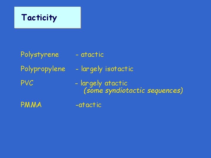 Tacticity Polystyrene - atactic Polypropylene - largely isotactic PVC - largely atactic (some syndiotactic Tacticity Polystyrene - atactic Polypropylene - largely isotactic PVC - largely atactic (some syndiotactic