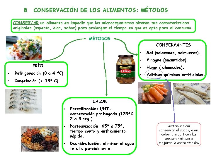 8. CONSERVACIÓN DE LOS ALIMENTOS: MÉTODOS CONSERVAR un alimento es impedir que los microorganismos