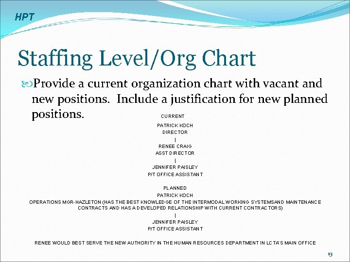 HPT Staffing Level/Org Chart Provide a current organization chart with vacant and new positions.